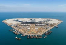 Valija Viajera El Aeropuerto Internacional Dalian Jinzhouwan, levantado sobre una isla artificial en la bahía de Jinzhou